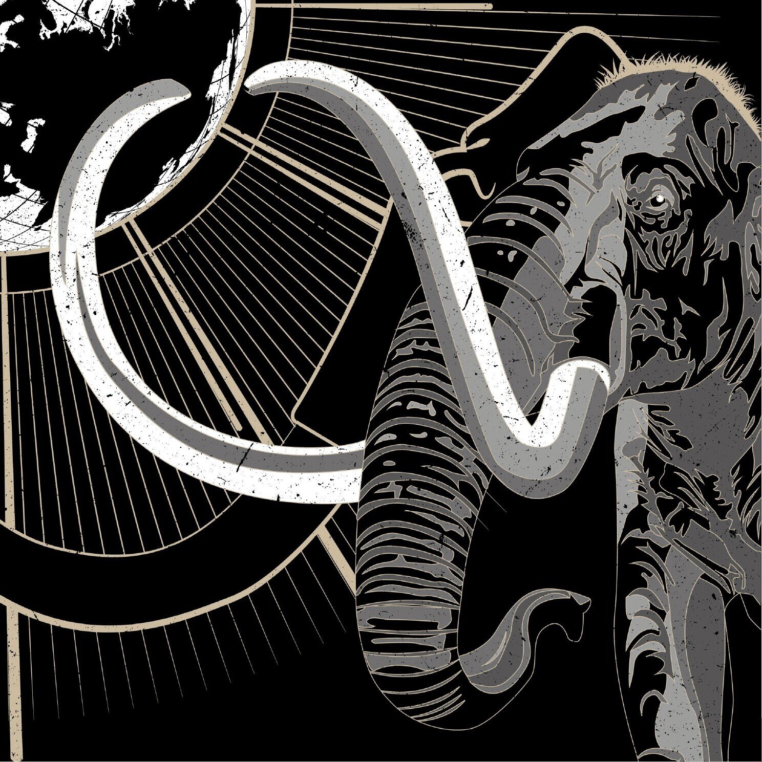 Siebdruckmotiv Mammut in Schwarz, Grau, Weiß und Gold.