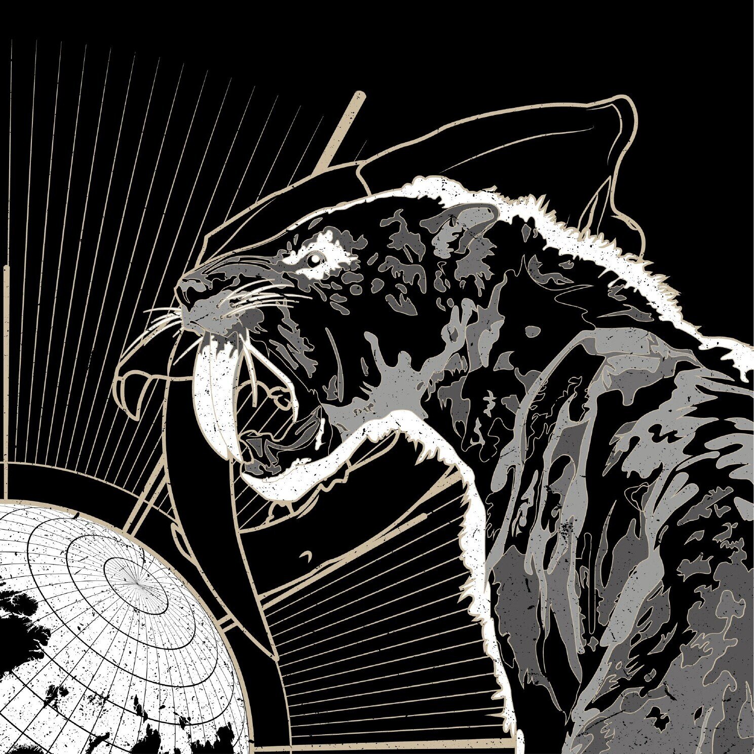 Siebdruckmotiv Smilodon in Schwarz, Grau, Weiß und Gold.