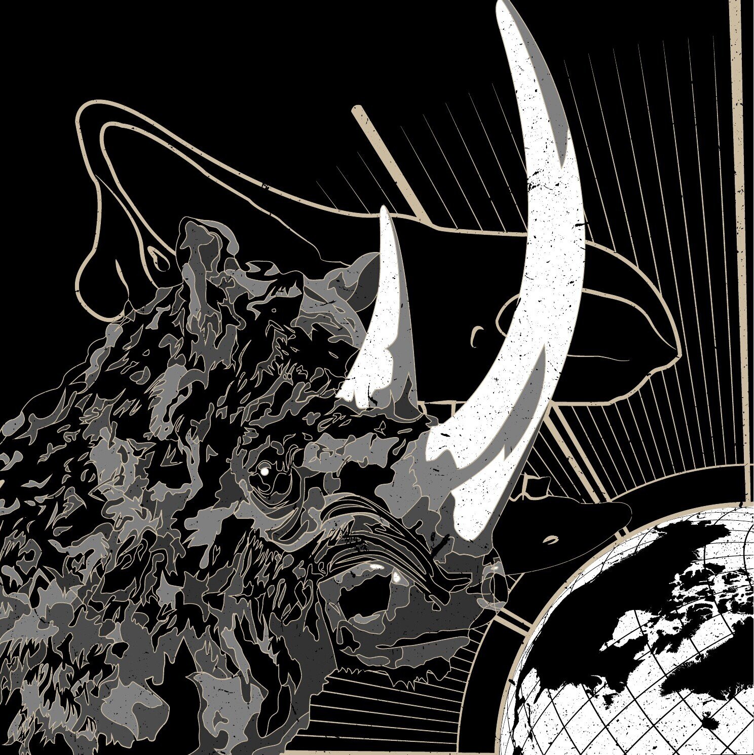 Siebdruckmotiv Wollnashorn in Schwarz, Grau, Weiß und Gold.